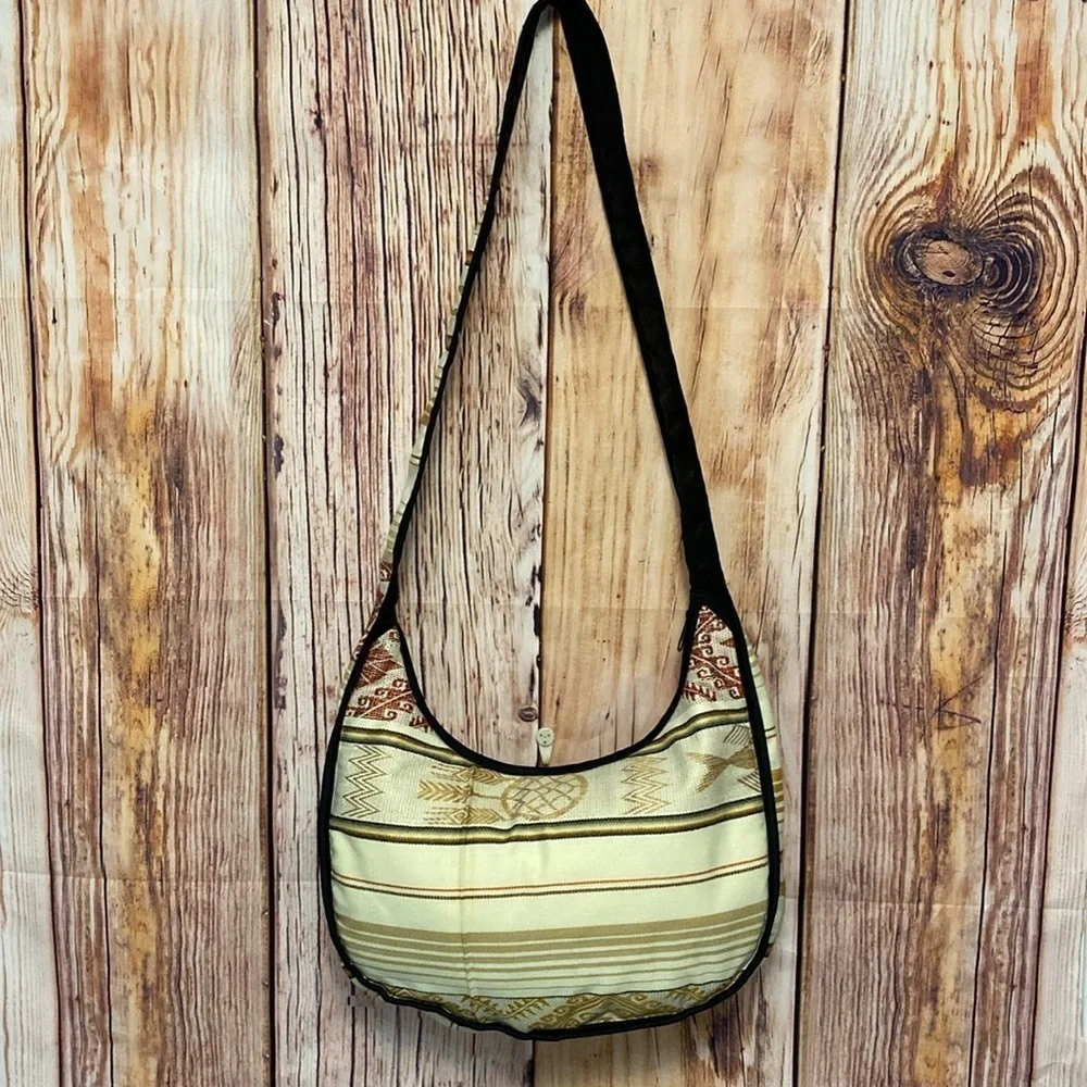 Aztec Cream and Tan Tote Bag with Elegant Embroidered Designs Travel Vacation
